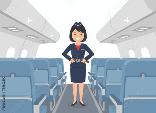 A flight attendant gives safety instructions in the airplane aisle, explaining rules and urging passengers to fasten seat belts, depicted as a flat vector illustration