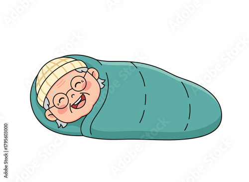 A newborn infant wrapped in a blanket, sleeping with a pacifier in his mouth, illustrated as a flat vector image on a white background