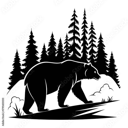 Walking Bear Silhouette Vector Illustration in Pine Forest Landscape - Great for Outdoors, Camping, Hunting Logos, and Wilderness Graphics.
