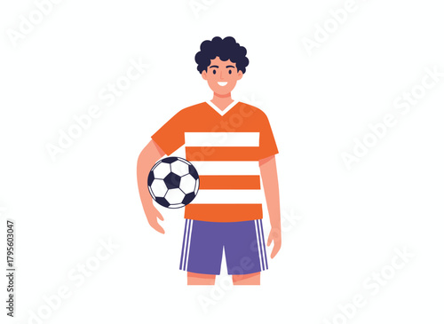 A female soccer player holds a ball in her hand, shown in a flat vector illustration on a white background, wearing a uniform and sportswear