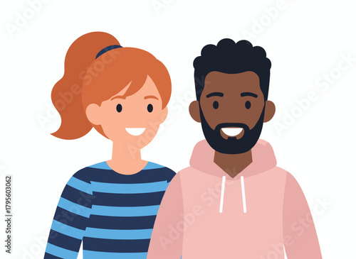 A flat vector illustration of a biracial couple—a young man and woman smiling happily—depicted as a wife and husband of different races against a white background