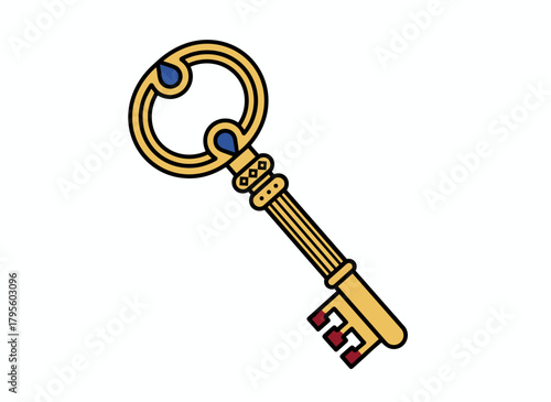 A vintage-style, black‑and‑white woodcut engraving of a solitary door key, rendered in detailed, contoured, monochrome vector illustration