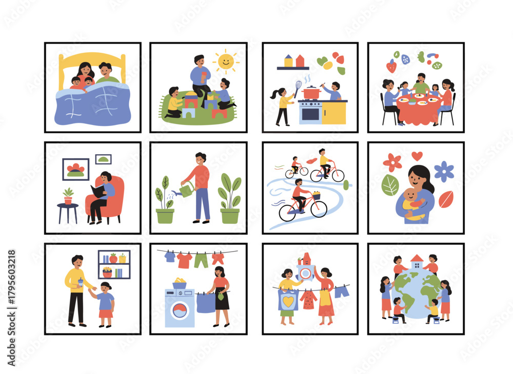 Fototapeta premium Illustrations depict joyful Black families, couples, and children enjoying leisure moments on holidays and weekends, presented as flat vector graphics on a white background
