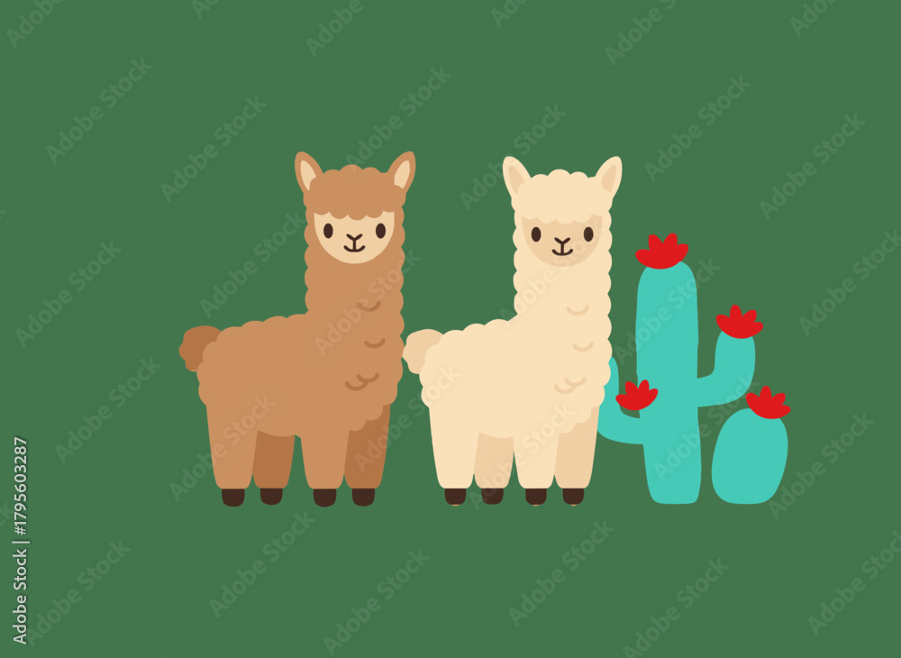 Fototapeta premium A pair of adorable llamas stands alone on a white backdrop, depicted in a vibrant flat cartoon vector style, with two charming wild South American creatures posing together amid cacti