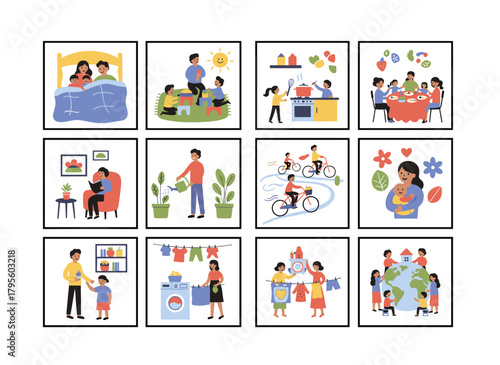 Illustrations depict joyful Black families, couples, and children enjoying leisure moments on holidays and weekends, presented as flat vector graphics on a white background