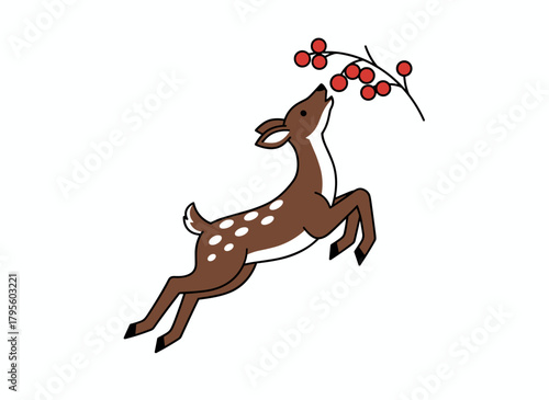 Adorable deer munching on a berry branch, stretching its limbs; a baby reindeer, a graceful spotted fawn, and a cute bambi standing on its hind legs, depicted in a colorful flat vector illustration