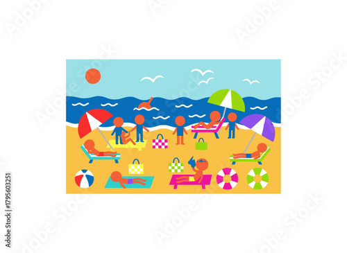 A seamless beach pattern featuring sunbathers and relaxed vacationers, tiny tourists at a seaside resort, repeating print suitable for fabric or wrapping, rendered as a flat vector illustration