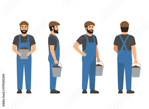 A bearded farmer stands alone against a white backdrop, dressed in dungarees and a cap, holding a bucket brimming with freshly harvested potatoes, shown from front, back, and side in a flat cartoon