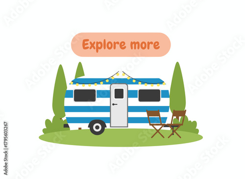 A summer holiday camp featuring a camper car for adventure, an RV vehicle, trailer, or mobile home on wheels for travel and rest, a vacation caravan or wagon in nature, all depicted as a flat vector