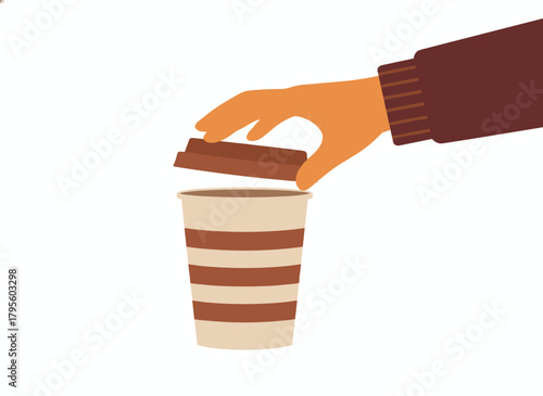 A hand holds a paper cup of takeaway coffee, sealing a cardboard mug with a lid, while a hot drink to go and takeout tea in a disposable container are depicted in a flat vector illustration on a