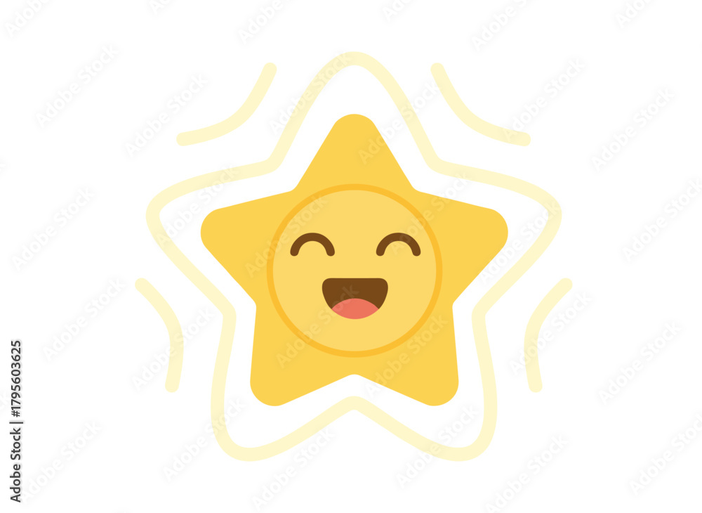Obraz premium A cute star with a happy face, a funny baby character smiling with closed eyes, a sweet, angelic shape, conveying blissful emotion, depicted as a flat graphic vector illustration of children isolated