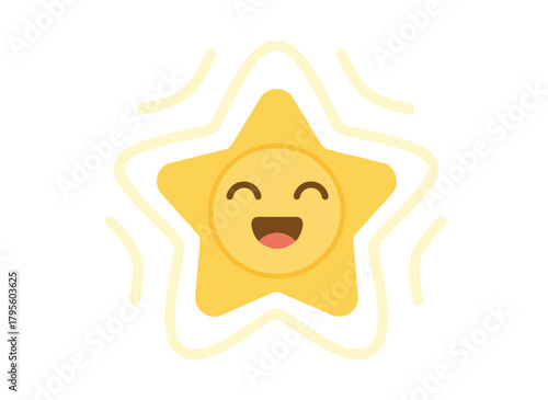 A cute star with a happy face, a funny baby character smiling with closed eyes, a sweet, angelic shape, conveying blissful emotion, depicted as a flat graphic vector illustration of children isolated