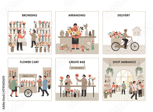 A group of staff at a florist shop or store: a woman arranges a bouquet on a table, a man sprays, holds, and carries fresh flowers from a car, all depicted in a flat vector cartoon illustration on a