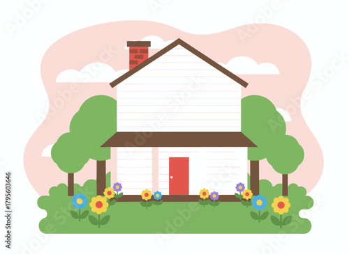 A colorful flat‑style cartoon vector illustration of a summer cottage or a lovely two‑story suburban home with a porch, nestled amid lush nature and blooming plants on a country estate