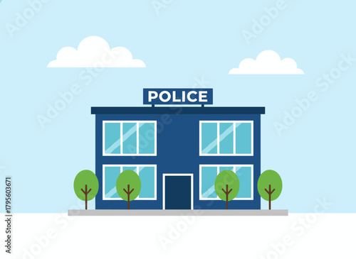 Contemporary low-rise police station front view illustrated in vibrant flat style
