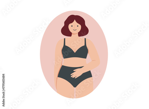 A slim woman in lingerie and bikini, touching herself, shown in a flat vector illustration on a white background