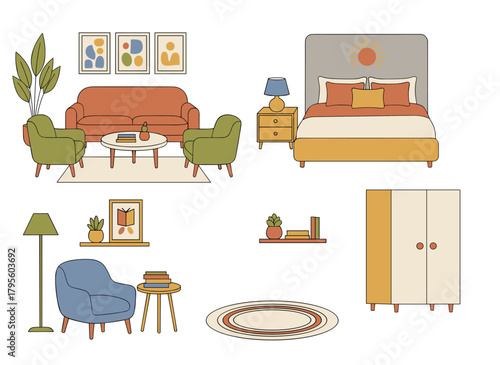 Vector illustration of a set of modern interior decor elements, featuring a collection of various home furnishings isolated on a white background, with colorful, stylish, and comfortable furniture
