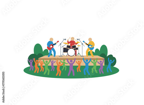 A music band performs live at an outdoor stage during an open‑air festival, where the audience dances and relaxes on the grass over a summer weekend, all depicted in a flat vector illustration