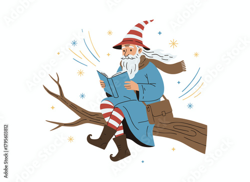 A fairy magician peruses a magical fantasy book, while an old mage, a fictional character, a mystic man, a fairytale wizard, a wise warlock, and a bearded sorcerer are all depicted in a flat vector