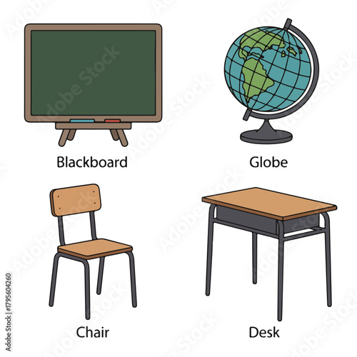 School supplies set isolated on, blackboard, globe, chair, desk