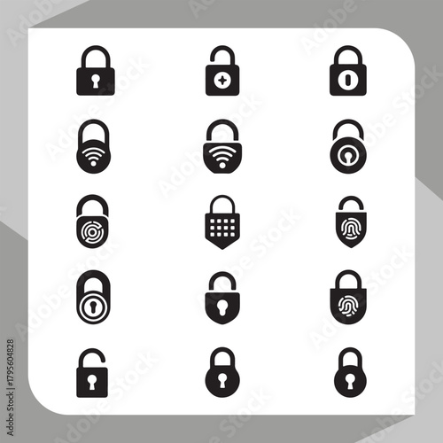 Digital security padlock icon set for cyber protection, data safety, and access control.
