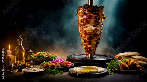 A table with a variety of foods including a large shish kabob a salad and a sauce all set against a dramatic background with smoke and candlelight