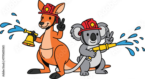 Cartoon kangaroo and koala firefighter vector illustration, spraying water with hoses, wearing red helmets, peace sign gesture, fun safety theme, isolated