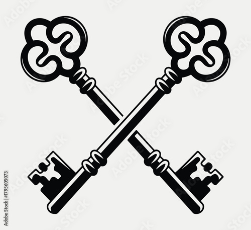 Two Ornate Black Keys Crossed on a Light Gray Background antique vintage