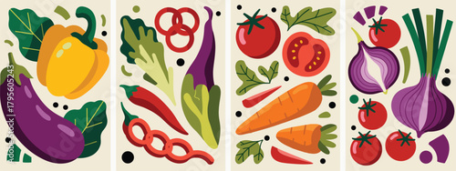 Vibrant Assortment of Fresh Vegetables in Four Panels Keywords: vegetables, fresh, healthy, food, produce, eggplant, bell pepper, chili pepper