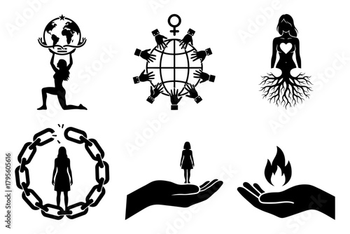 Women human rights gender equality set of empowering woman silhouette illustrations
