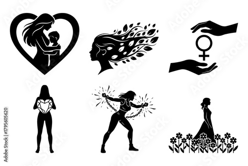 Women human rights gender equality collection of empowering female silhouettes representing strength, motherhood, and nature