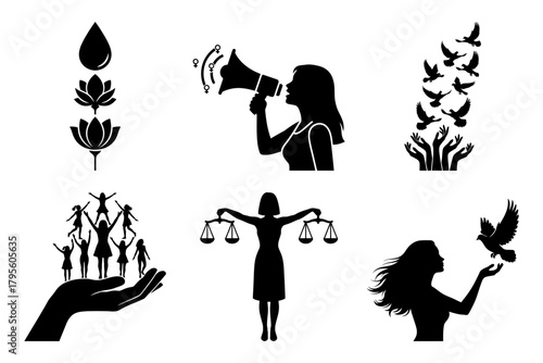 Women human rights gender equality diverse women icons symbols of voice, justice, and collective strength