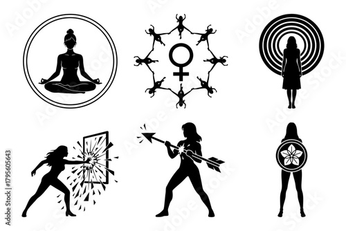 Women human rights gender equality collection of strong female silhouettes representing empowerment, resilience, and inner peace