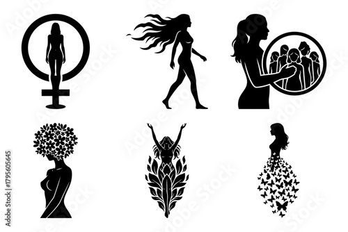 Women human rights gender equality collection of diverse women silhouettes, representing empowerment, and femininity