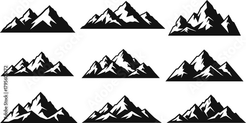 Mountain range silhouettes, sharp peak icons, black and white alpine graphics, snow-covered summit design, rugged terrain illustration, nature landscape elements