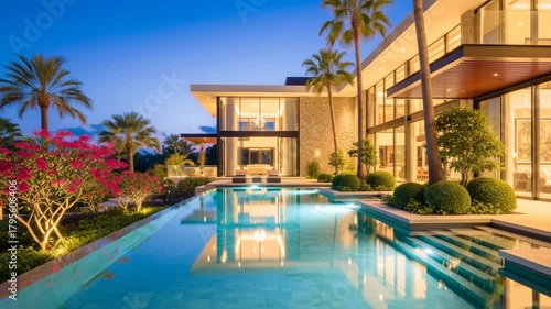 Wallpaper Mural Luxury modern villa estate with infinity pool at twilight palm trees vibrant flowers illuminated Torontodigital.ca