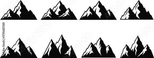 Mountain range silhouettes, sharp peak illustrations, black and white mountain icons, rugged terrain graphics, minimalist alpine design, nature landscape elements