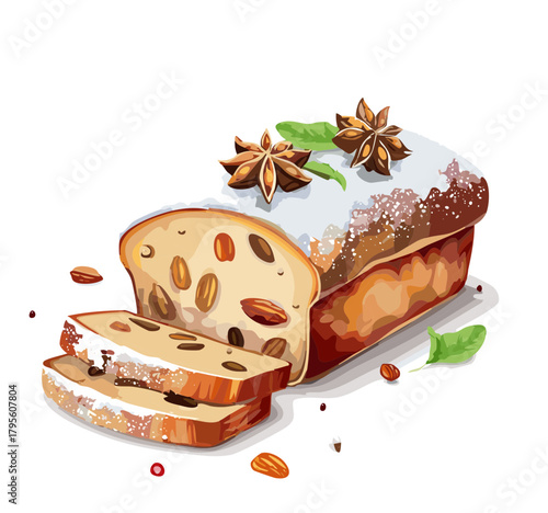 Christmas Fruitcake Vector Illustration — Holiday Stollen Bread with Icing, Nuts, and Spices