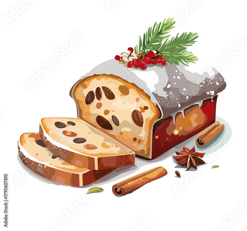 Christmas Fruitcake Vector Illustration — Holiday Stollen Bread with Icing, Nuts, and Spices