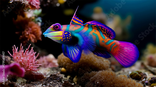 Fototapeta Naklejka Na Ścianę i Meble -  A vibrant colorful fish with a purple and blue body yellow and orange markings and a pink tail swimming among coral and other marine life