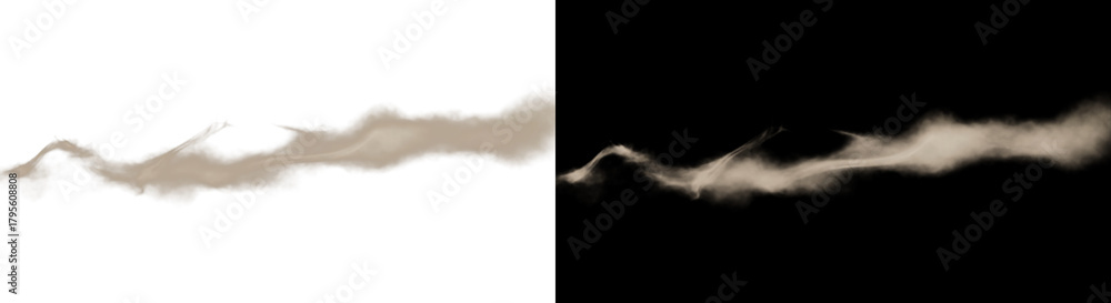 Fototapeta premium A dynamic trail of brown sand and dust particles blowing horizontally, presented as an isolated visual effect element on both a white and a black background