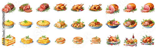 Holiday Dinner Vector Set — Roasted Meats, Sides, and Festive Seasonal Food Illustrations