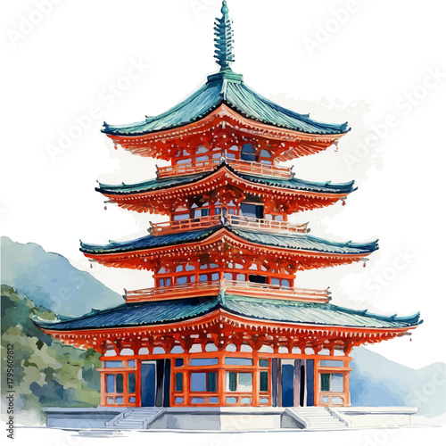 watercolor of HAryA-ji Temple, vector, isolated on a white background.