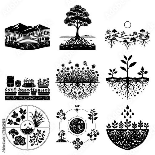 World soil day collection of black and white vector illustrations showcasing various agricultural concepts and designs