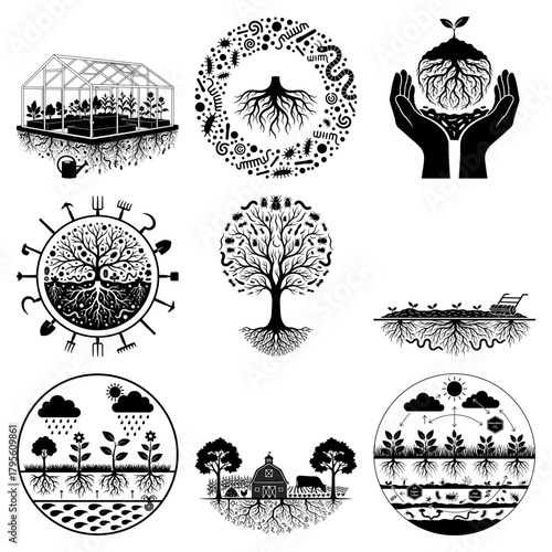 World soil day collection of black and white vector illustrations showcasing sustainable agriculture and gardening practices