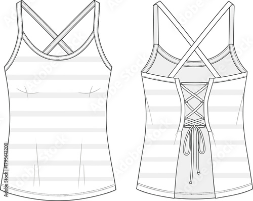 Stylish women's striped camisole with crisscross straps and lace-up back fashion apparel vector illustration design template technical drawing