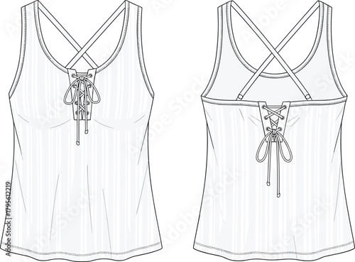 Stylish women’s lace-up camisole top with crisscross straps front and back detailed fashion vector garment illustration template