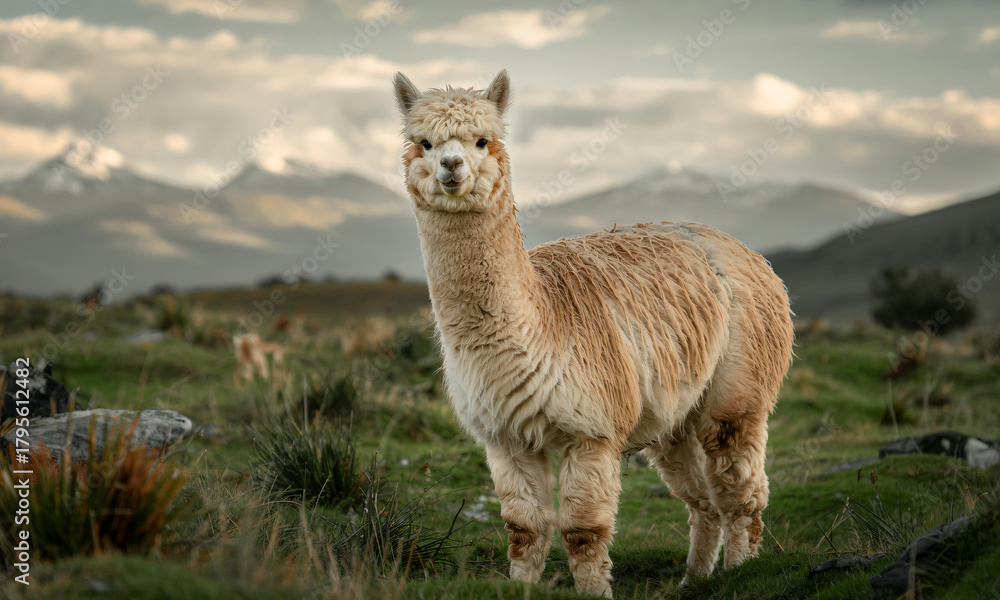 Fototapeta premium Alpaca Standing on Grassland with Mountain Landscape Behind