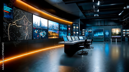 A modern dark room with a curved wall of screens displaying various images and data and a desk with chairs in front of it