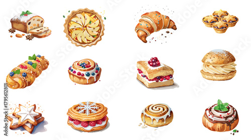 Holiday Pastry Vector Set — Festive Desserts, Sweet Treats, and Seasonal Bakery Illustrations
